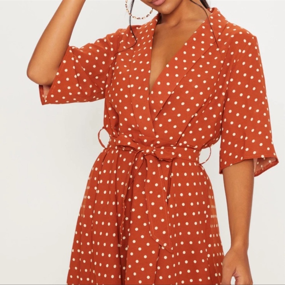 PrettyLittleThing Terracotta Polka Dot Tea Dress - Picture 2 of 6